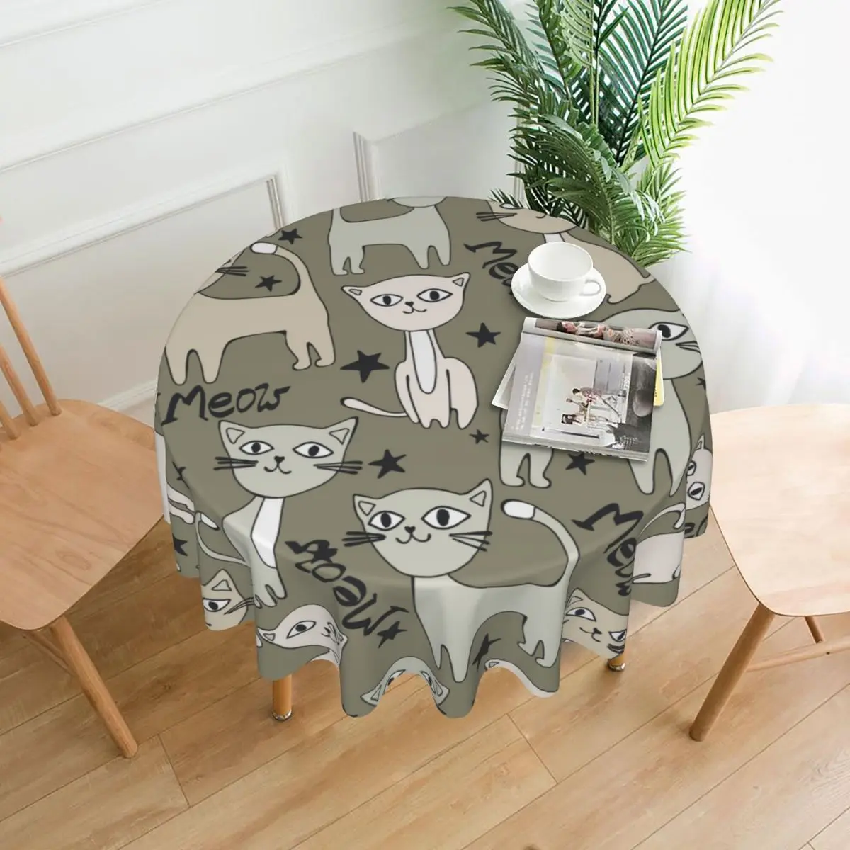 

Round Tablecloth Graphical Cats Cover Washable Table Cloth for Tea Table