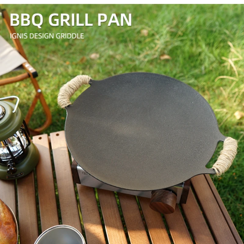 

Плита для барбекю для кемпинга на открытом воздухе, стандартная железная сковорода с противоскользящей ручкой, принадлежности для барбекю