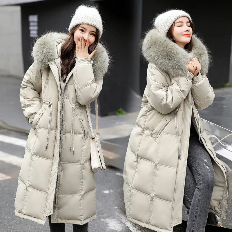 White duck down over-the-knee mid-length down jacket women's Korean style new waist-length large fur collar warm jacket coats enlarge