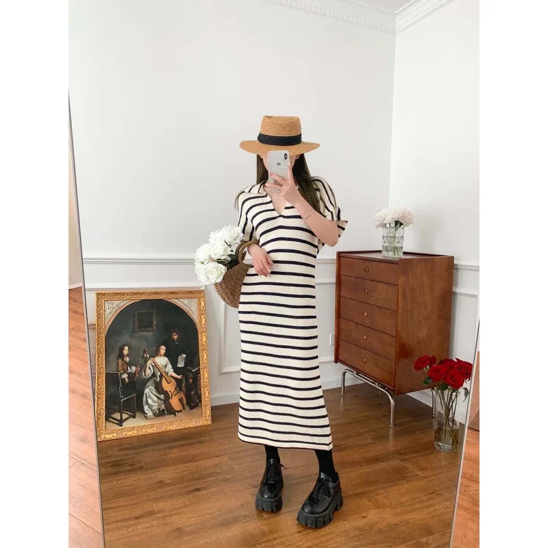 Весенне-летнее новое повседневное полосатое платье-рубашка-поло с длинными
