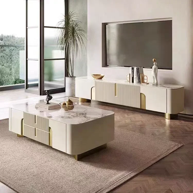 Современный белый прямоугольный большой журнальный столик с спеченным камнем и
