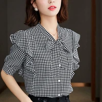 new bow tie houndstooth chiffon short sleeve office lady shirt black all match ruffles v neck fashion basic summer women blouse