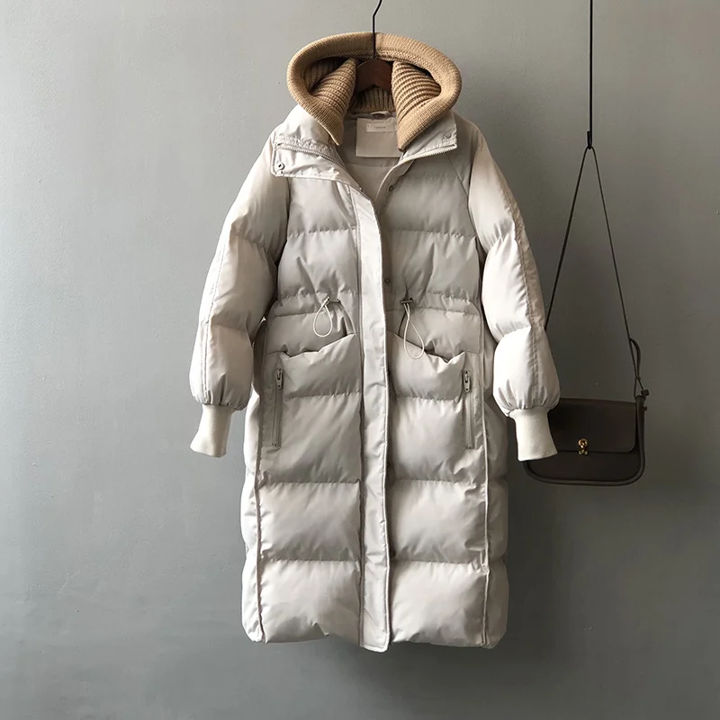 Winter New Cotton Jacket Women's Long Section Jacket Knitted Wool Cap Loose Hundred with Thickened Cotton Jacket Warm Jacket