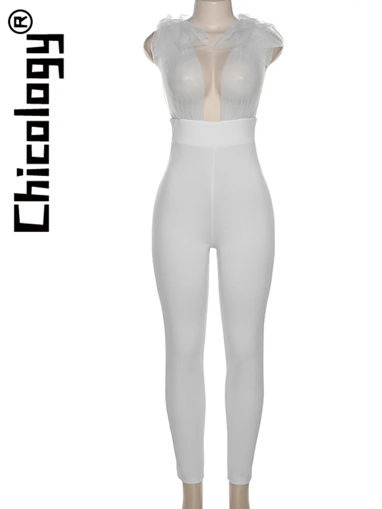 Chicology Party Club Mesh Patchwork Sexy Bodycon White Jumpsuit Festival Fashion Overalls One Piece Outfit 2022 Women Clothes