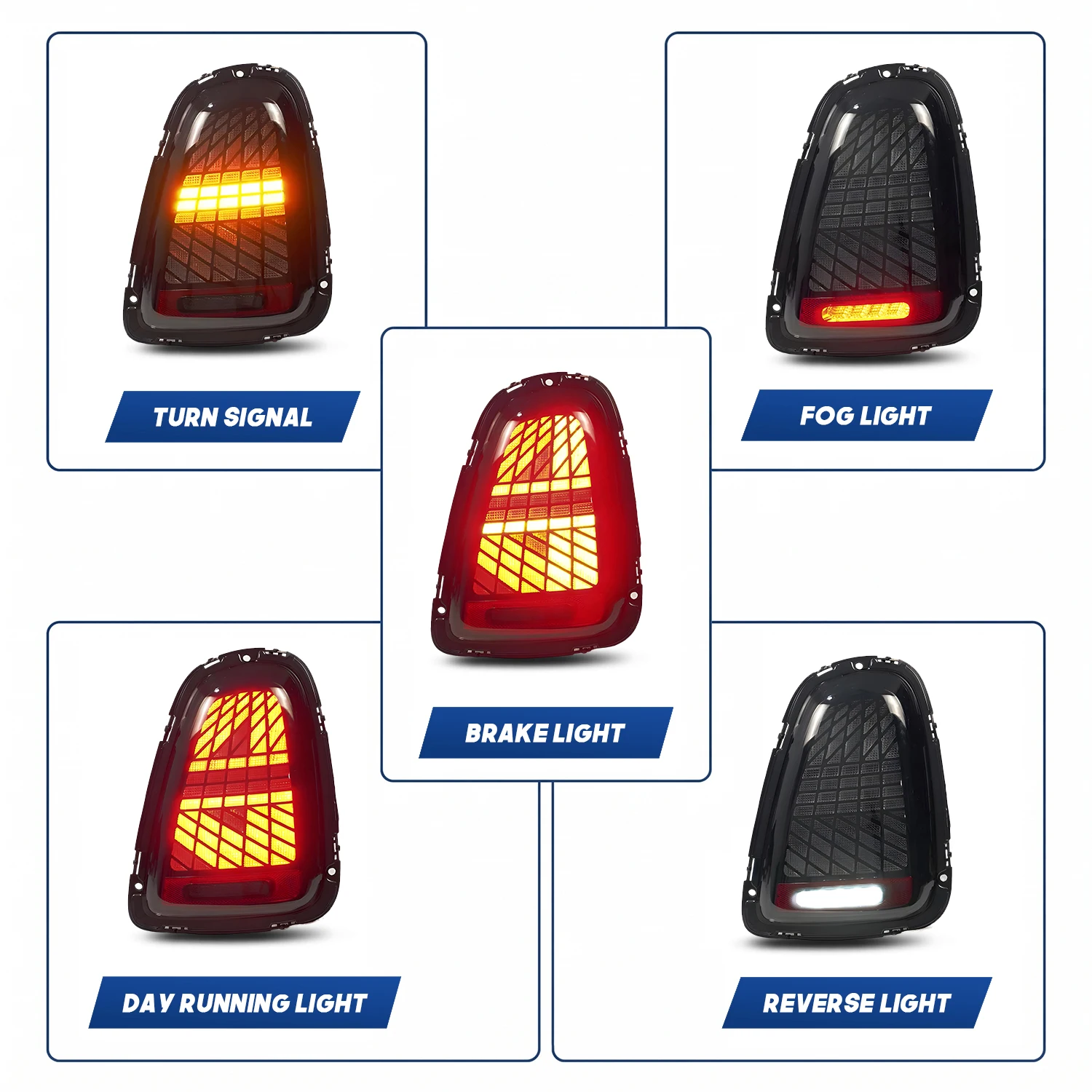Фото Светодиодные задние фонари HCMOTIONZ для Mini R56 R57 R58 R59 2007-2014 с последовательной подсветкой, анимацией запуска, ДХО, стоп-сигналом, двойной подсветкой заднего хода и противотуманными фарами (красные/дымчатые) №3