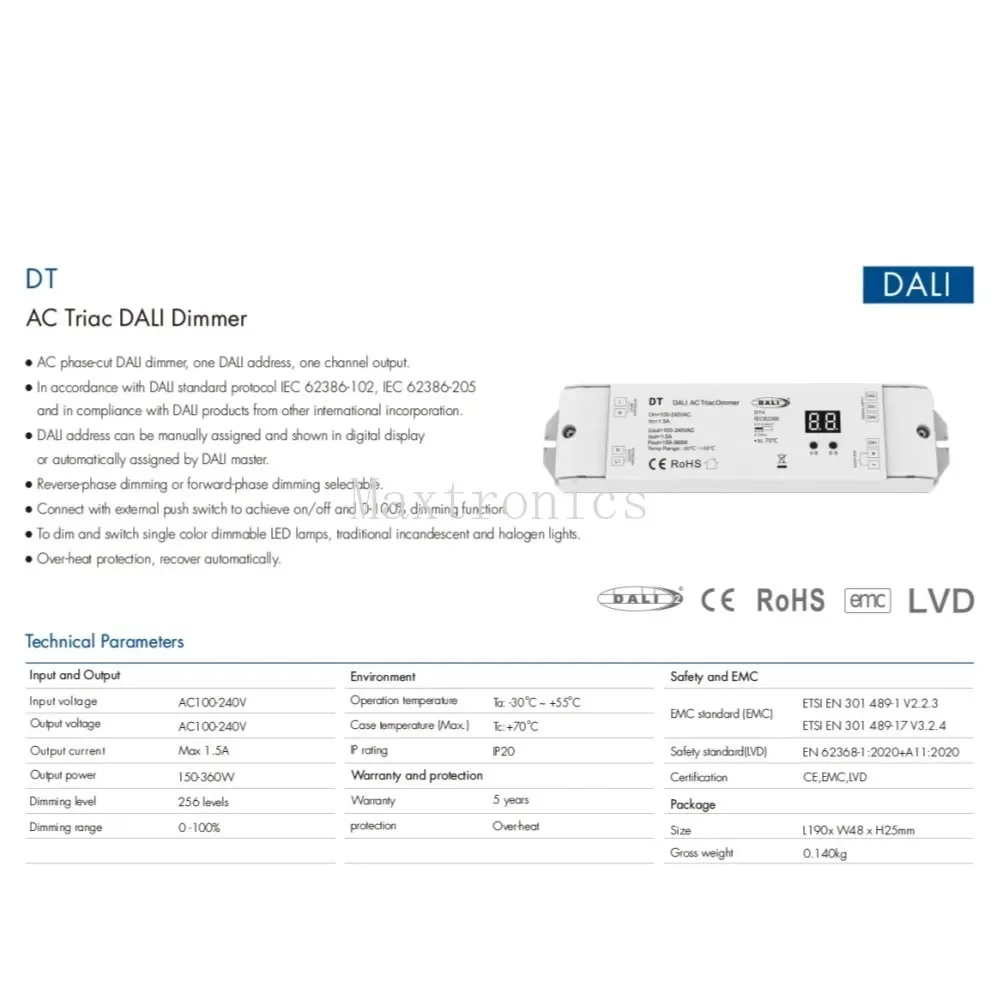 Skydance DT/DT-B/DT-C/DT-D DALI AC Triiac Dimmer Series 1CH * 1 5A для одноцветного переключателя