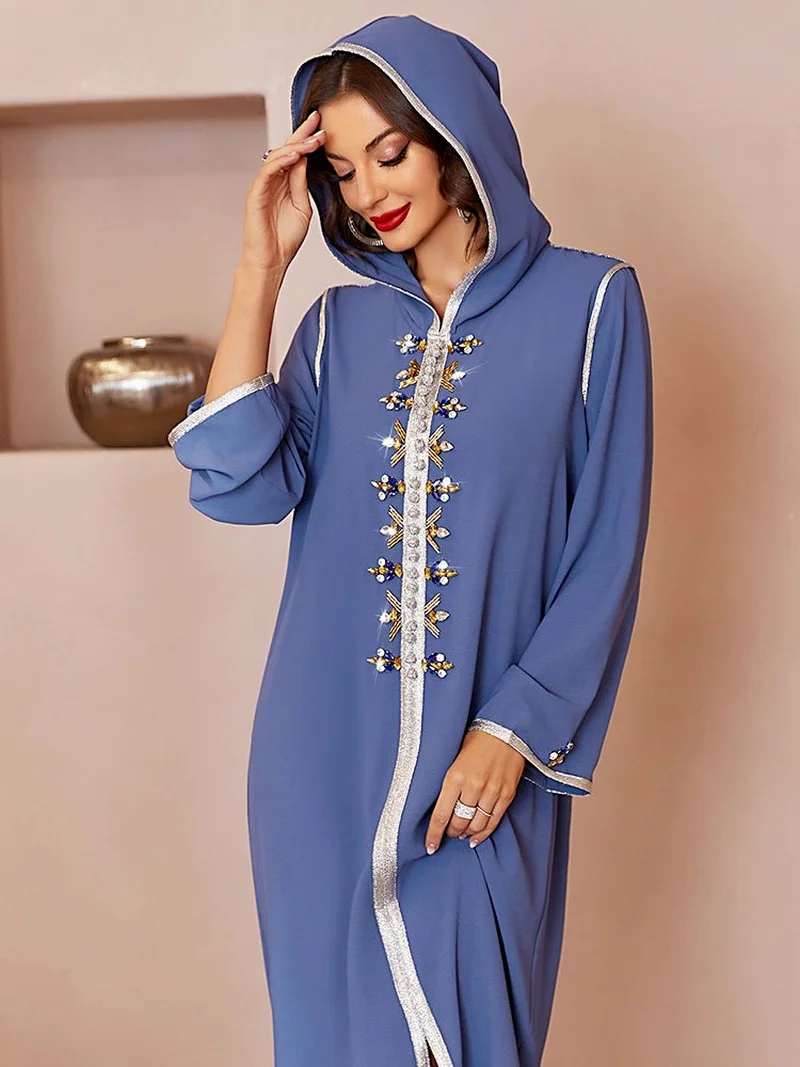 Rhinestones Moroccan Embroidered Kaftan Arabic Long Hooded Dress Party Djellaba for Women Muslim Dubai Saudi Ramadan Eid Abaya