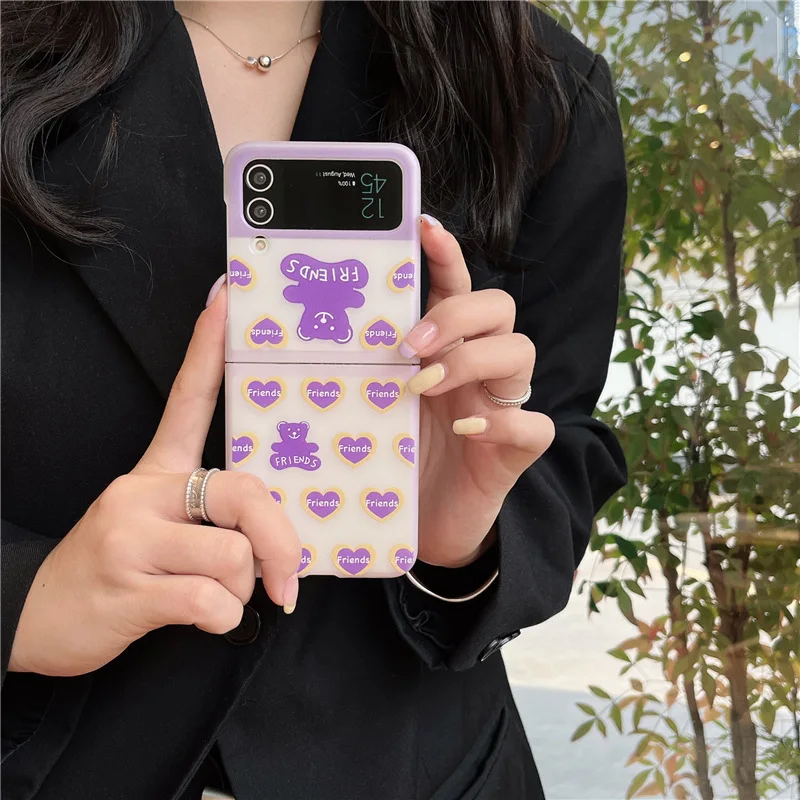 Cartoon Purple Love Heart Bear Phone Case for Samsung Galaxy Z Flip 4 3 Hard Cover for ZFlip3 Zflip4 Solid Shell Bracket