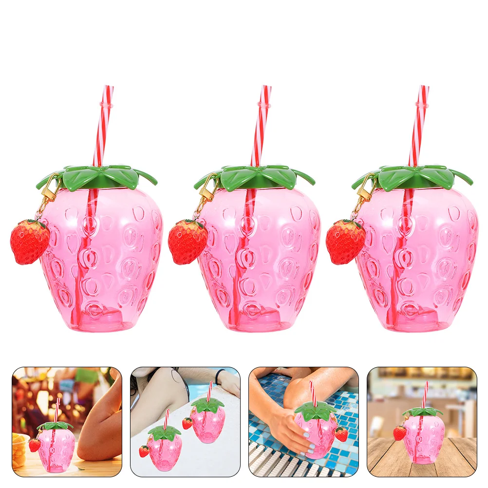 

3 Pcs Strawberry Cup Lovely Cups Shape Water Juice Plastic Kids Modeling Drinking Cold Beverage Hawaii Glasses with lid and