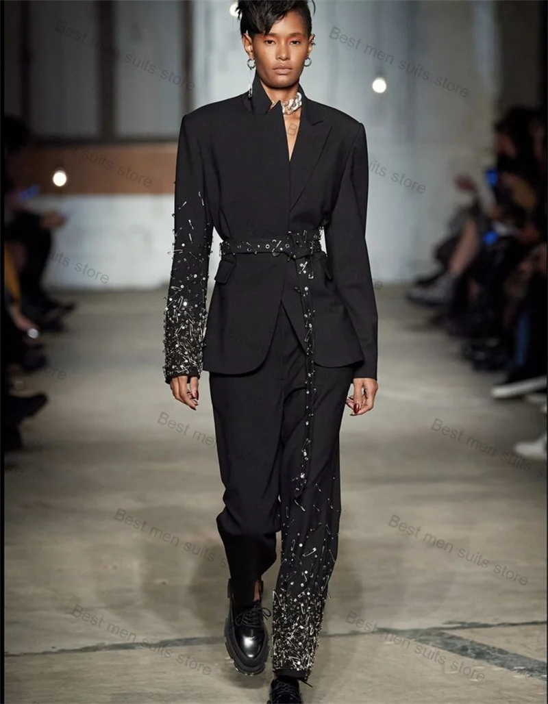 Женский костюм с кристаллами и брюками комплект из 2 предметов: пиджак + брюки