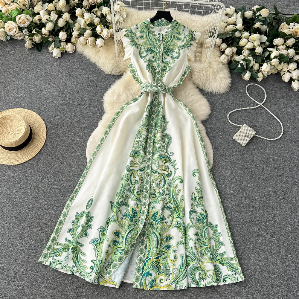 

Женское приталенное платье без рукавов, элегантное ТРАПЕЦИЕВИДНОЕ ПЛАТЬЕ с цветочным принтом, воротником-стойкой и разрезом в стиле ретро, ...