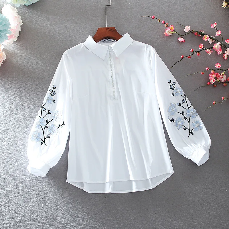 

SuperAen 2022 Embroidered Sequined Lantern Sleeve Turn Down Collar All Match Pullover Loose Shirts Casual Womens Tops