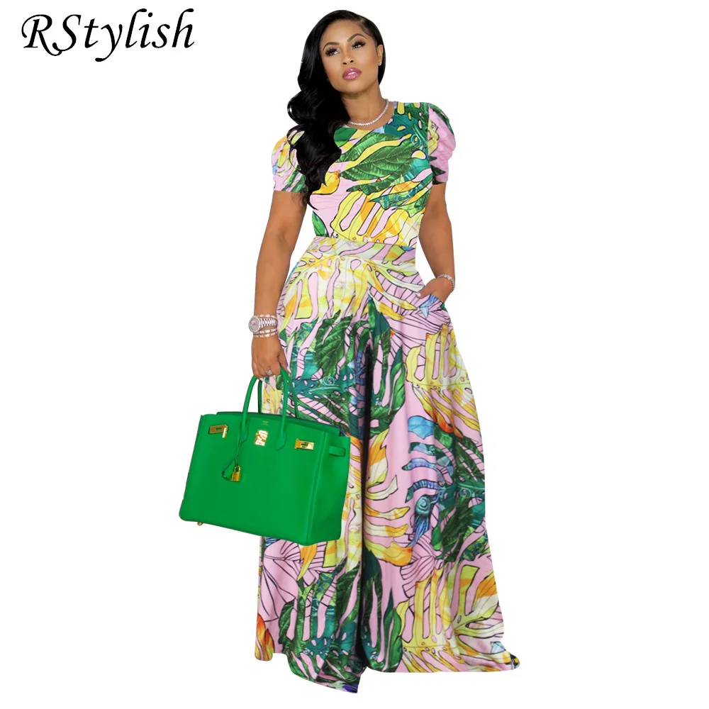 

RStylish Women Two Piece Sets Print Short Sleeve O-neck Crop Tops Loose Wide Leg Pants Fashion Outfits Casual Summer Tracksuit