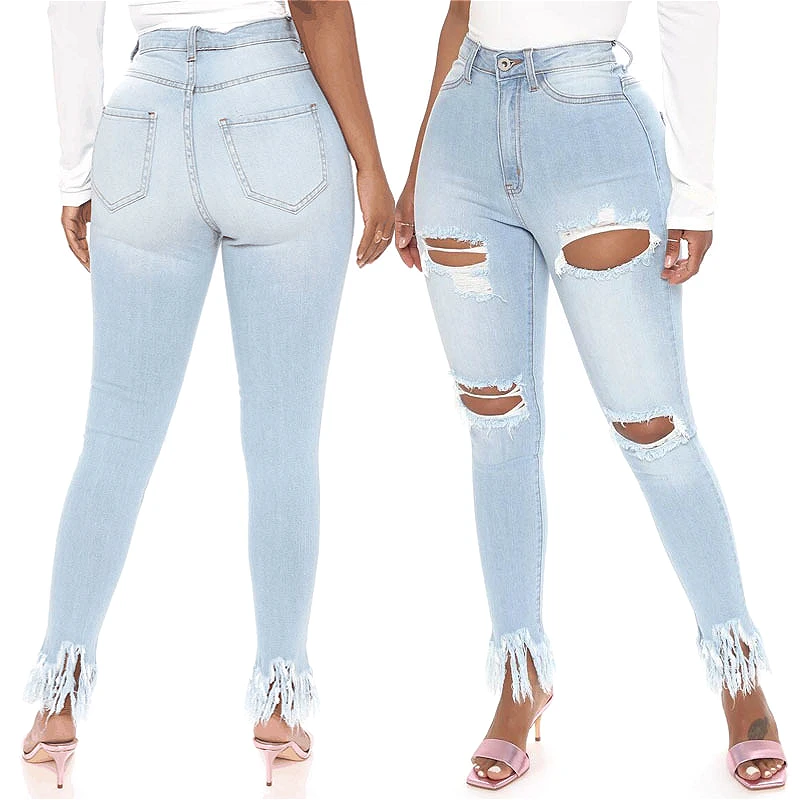 Women Tassel Slim Pencil Denim Pants 2021 Hole Elastic Skinny Cotton Soft Jeans Female Trousers Plus Size Streetwear Spring Fall