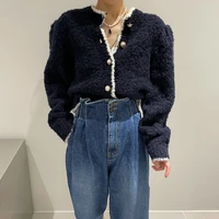 korean autumn temperament contrast color chic pearl button plush loose puff sleeve knitted sweater women cardigan jacket