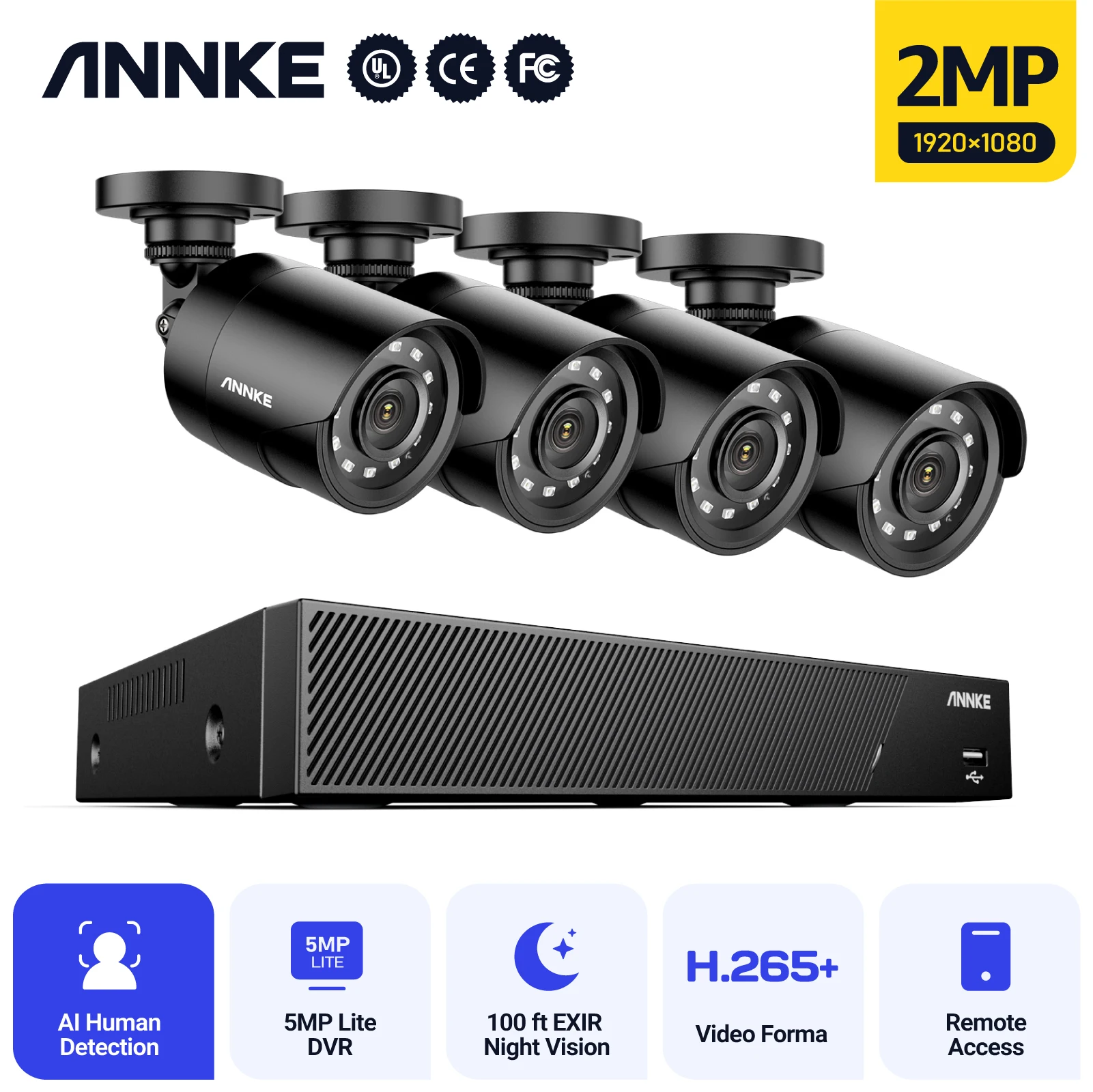 

ANNKE 8CH 5MP DVR Indoor Outdoor 4 Cameras Waterproof Security Recording System Human Detection Face Detection Cameras CCTV Kit