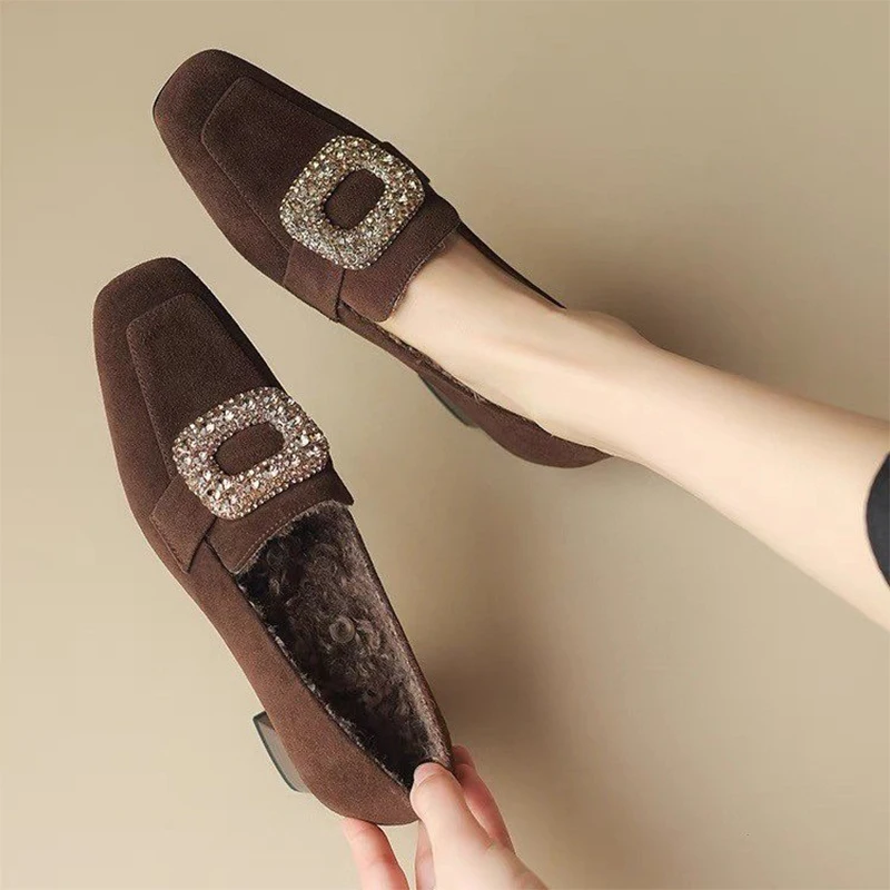 

Crystal Ankle Women Elegant Fad Mid Heels Boots Luxury Warm Square Toe Winter 2024 New Style Shoes Designer Brand Female Botas