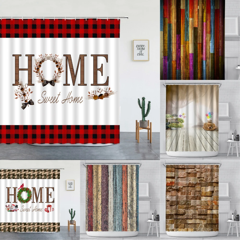 

New Stone Brick Wood Pattern Waterproof Mildew Home Proof Fabric Bathroom Curtains Shower Curtain