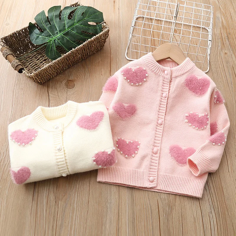 

Baby Girls Autumn Winter Knitted Sweater Children Love Cardigan Spring Hearted Print Clothes Pearl Decoration Full Sleeve Top