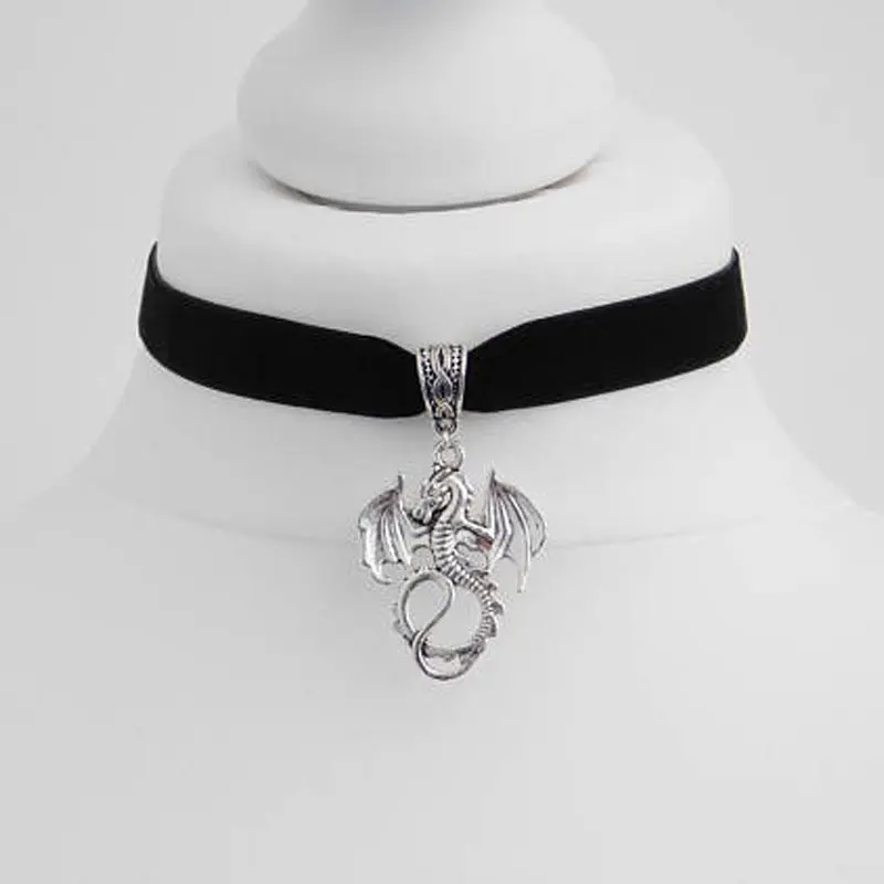 Fashion Trend Jewelry Black Velvet Silver Color Small Fire Dragon Pendant Collar, Gothic Collar, Goddess Jewelry,