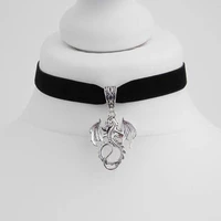 fashion trend jewelry black velvet silver color small fire dragon pendant collar gothic collar goddess jewelry