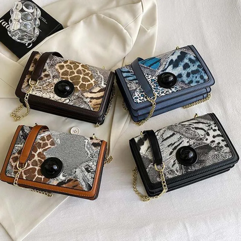 

Fashion Square PU Leather Women Handbag Animal Grain Splicing Chains Crossbody Satchel Clutch Purse Girls Buckle Messenger Bag