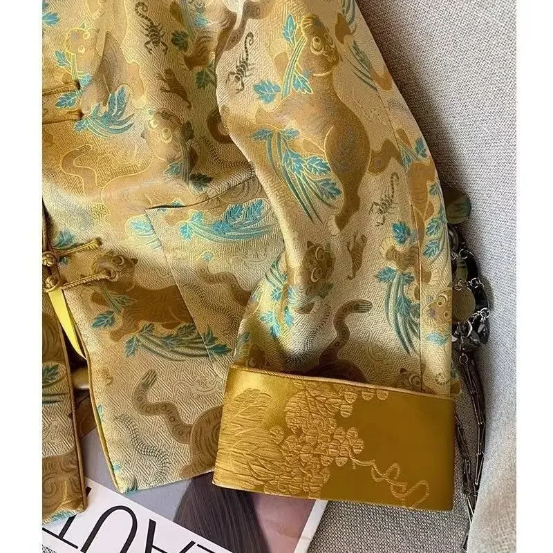 Желтый тигровый тотем жаккардовый костюм в китайском стиле топ куртки большого