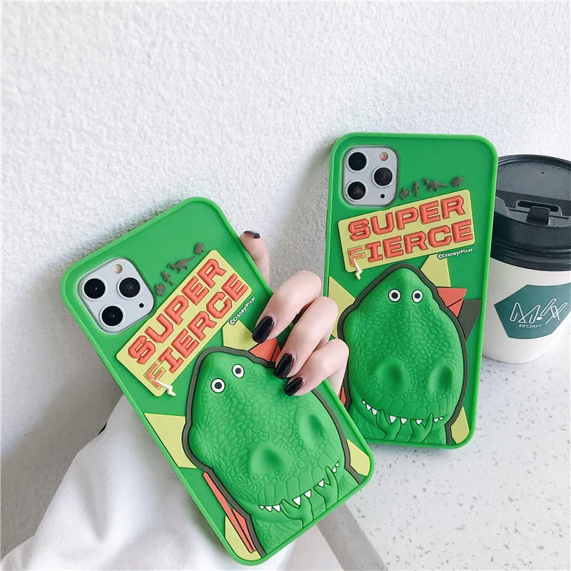 

3D Cute Super Green Dinosaur Phone Case for IPhone 12 11 Pro Max XR XS X 8 7 6 Plus Funny Cartoon Soft Silicone Shockproof Cover