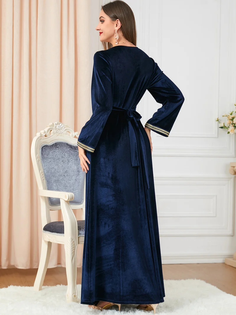 Dresses For Women 2022 Autumn Winter Velvet Embroidery Long Sleeve Dress Belted Kaftan Split Hem Abaya Muslim Dubai Gowns