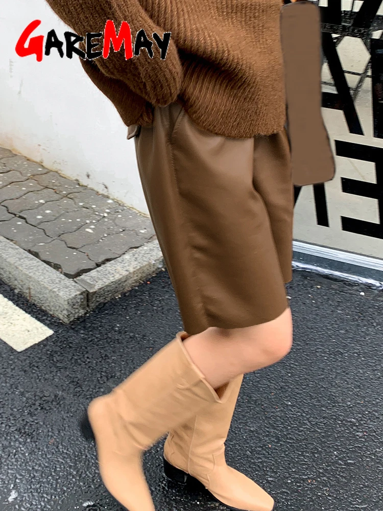 Корейские черные кожаные женские шорты до колена с карманами высокая талия