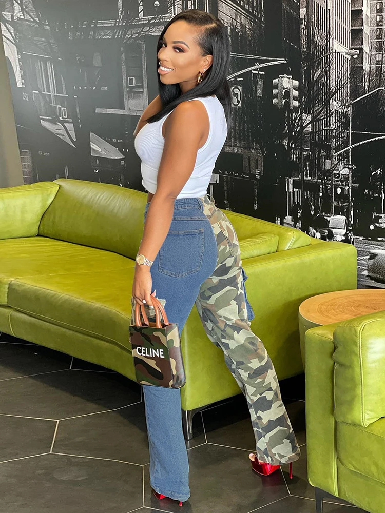Sifreyr Camouflage Patchwork Cargo Pants Women Pocket Zipper High Waist Baggy Jeans Casual Bottoms Street Hipster Denim Trousers