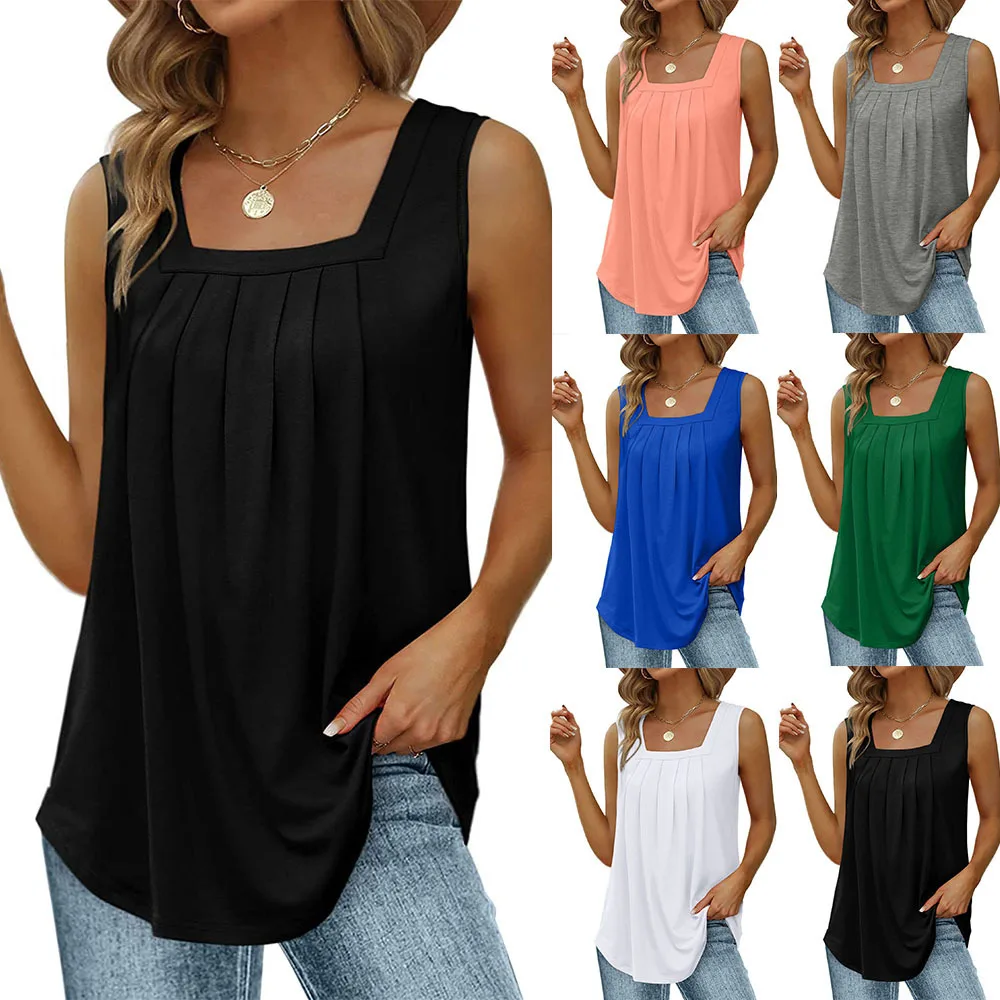 

Tops Women 2023 Summer European and American Pleated Square Neck Sleeveless Fashion Tank Top Loose Casual T-shirt Y2k Clothes