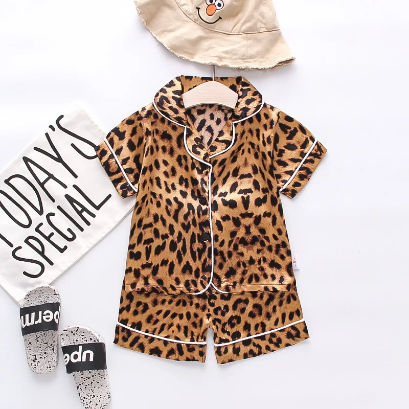 Kids Pajamas Set Leopard Silk Satin Kids Boys Girls Sleepwears Outfits Set Short Sleeve Blouse Tops + Shorts Sleepwear 1-4Years