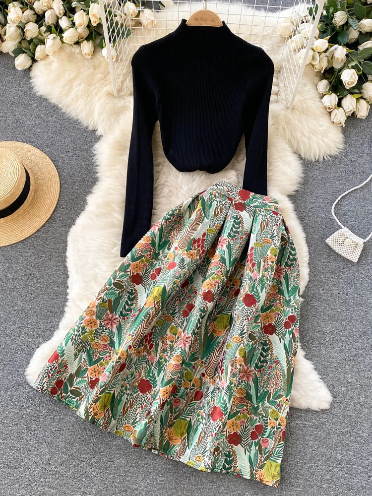 

FTLZZ Autumn Winter Women Two Piece Sets Stand Collar Knitted Sweater and Empire Slim A-line Floral Print Skirt Casual Suit