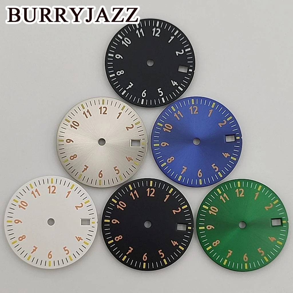 

Циферблат для часов BURRYJAZZ, светящийся циферблат 28,5 мм, черный, белый, серебристый, синий, для часов NH35, подходит для часов 3 часа 3,8