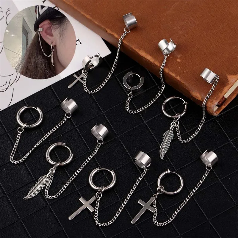 

No Need For Ear Piercing High-End Men's And Women's Earrings Japanese Titanium Steel 2022 Trendy Chain Feather Stud