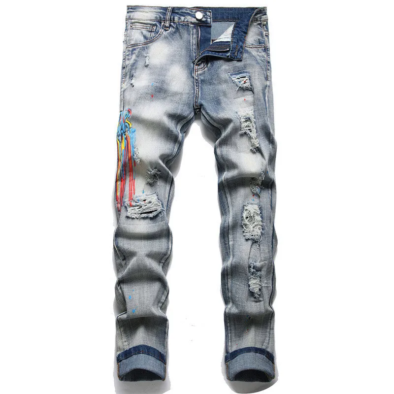 

Мужские Celana Jeans Pria Gambar Huruf Grafiti Jean Slim Pria Erkek Jeans Pantolon Celana Motor Fashion Merek Trendi