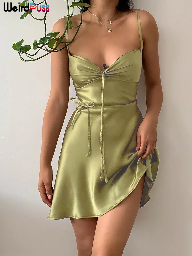 

Weird Puss Silky Bandage Party Dress Women Solid Backless 2022 Summer Sleeveless Sexy Mini Sundress Skinny Stretchy Club Bodycon