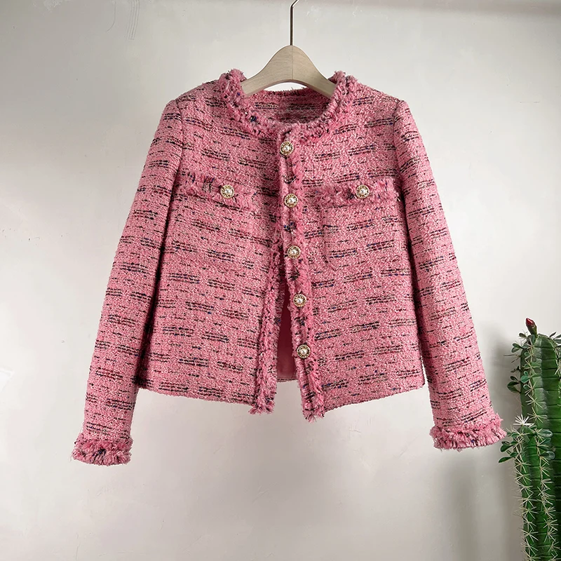 

Runway Fall Korean Women's Clothes Single-Breasted Luxury Elgeant Woolen Tweed Chic Slim High End Pink Jackets Outwear Casacos