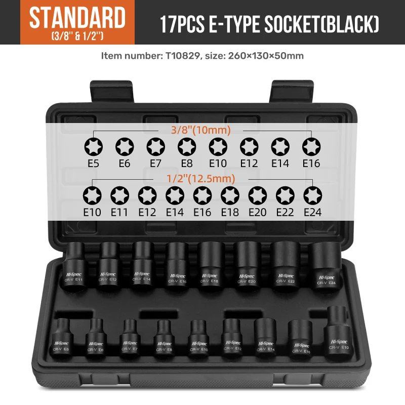 Hi-Spec, 9 шт./компл., наборы головок E-типа, 1/2 дюйма, 3/8 дюйма, 1/4 дюйма, звездообразный бит Torx, гнездовой набор инструментов E4-24, набор инструментов для ремонта динамометрического гаечного ключа с храповым механизмом