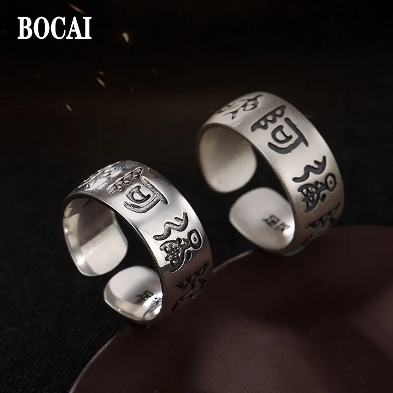 

BOCAI Real S990 Pure Silver Jewelry Retro Thai Buddhism Nanmo Amitabha Men's and Women's Rings Trendy Gifts