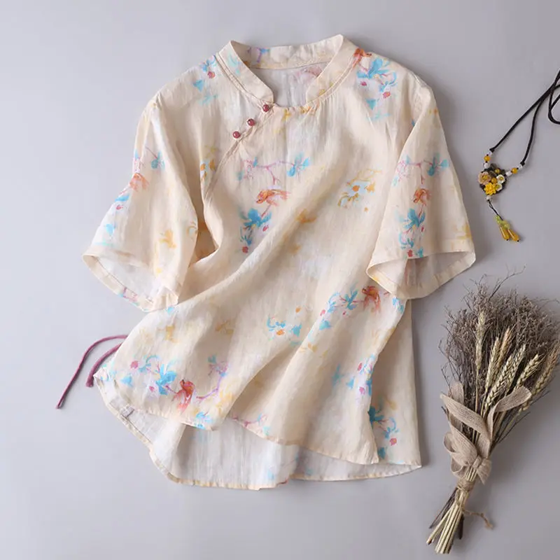 

Retro Floral Print Cotton Linen Blouses Short-sleeve Top Women Summer Harajuku Loose Exquisite Beaded Shirts Casaul Tops Mujer