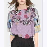fashion temperament versatile print stitching t shirt womens commuter chiffon shirt 2022 summer new short sleeved shirt