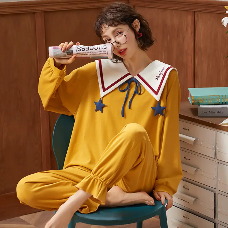 

2 Piece Sailor Moon Winter Pajamas for Women Cute Bows Navy Collar Pajamas Cotton Casual Warm Nightwear Princess Style Sleepwear