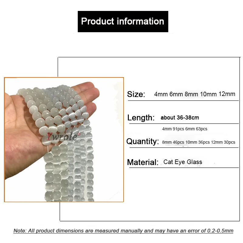 AAA White Cat Eye Natural Loose Round Moon Glass Spacer Bead For Jewelry Making DIY Bracelet Earrings Accessories 4 6 8 10 12MM