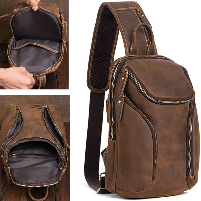 Men's Retro Genuine Leather Top Layer Cowhide Shoulder Bags Waterproof Crossbody Travel Chest Sling Bag Messenger Pack  for Male