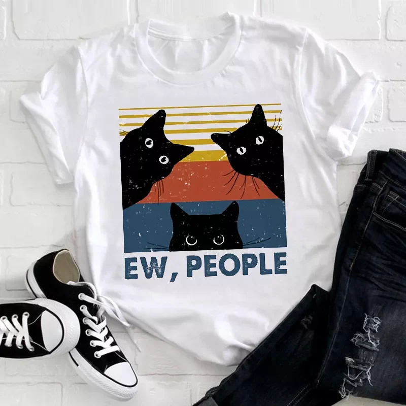

Women Cute Cat Striped Cute Face Clothing 2021 Funny Printing Animal Clothes Print Tshirt Female Tee Top Ladies Graphic T-shirt