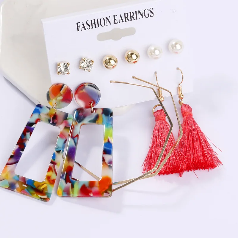 

6 pairs/lot Colorful Acrylic Trapezoid Pendants Dangle Earrings for Women Crystal Imitation Pearl Tassel Earrings Sets brincos