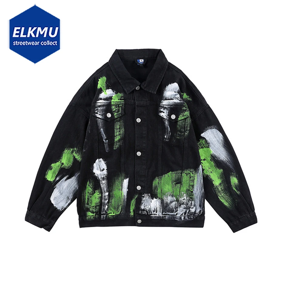 

Harajuku Denim Jacket Print Oversized Hip Hop Jeans Jackets Men Black White Streetwear Denim Jackets