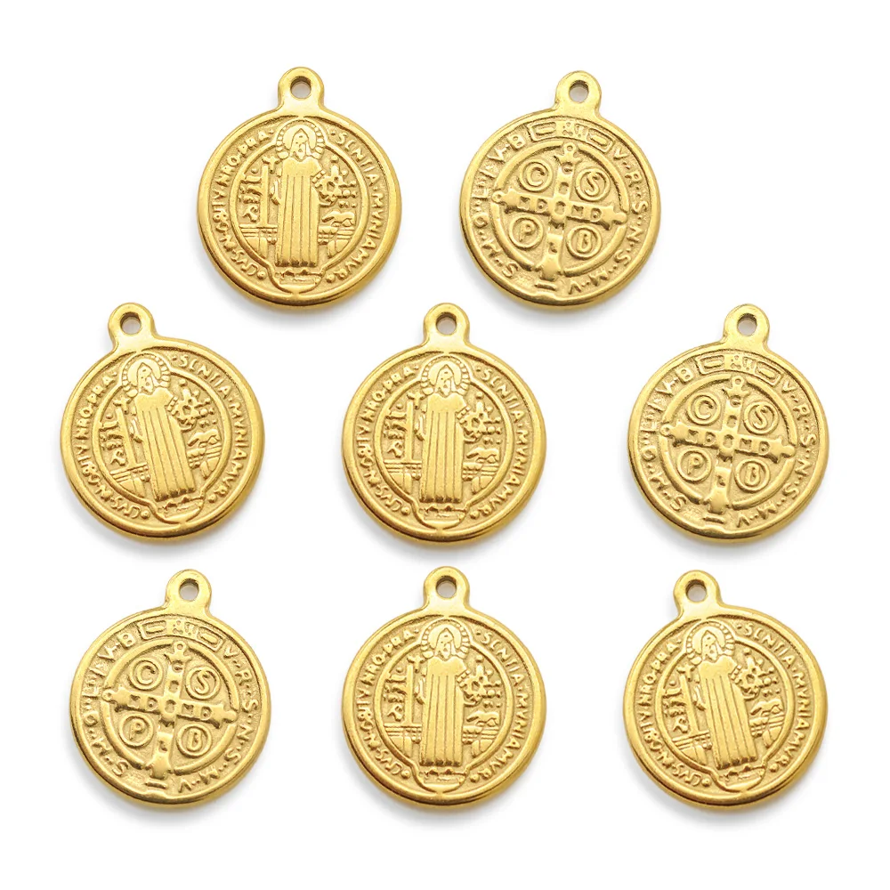 

3pc Vacuum Plating 201 Stainless Steel Pendants Flat Round with Saint Benedict Medal Golden 17x14x1.5mm Hole: 1.5mm